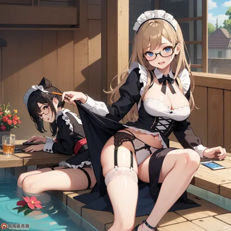 highest quality、Ultra-high resolution、Fantasy、roleplaying game、Sexy maids under 10 years old lined up、Inside the Western-style building、Lift up the hem of your skirt、Panty shot、Water-soaked underwear、garter belt、Only one person with glasses