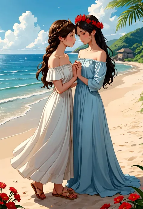 name "The Loyal Pin (Sarocha Chankimha & Rebeca Armstrong) in an elegant and dynamic 3D metallic gold font and create an idyllic anime illustration style image of two beautiful women in love on a beach, one is a beautiful British woman with semi-long hair ...