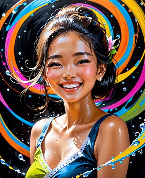 A realistic oil painting of a smiling Thai woman splashes of color that swirls in circles like Jupiter.. Gorgeous colors,Dark black background