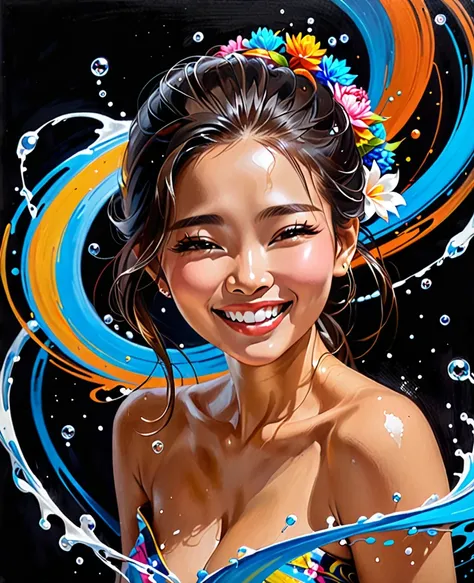 A realistic oil painting of a smiling Thai woman splashes of color that swirls in circles like Jupiter.. Gorgeous colors,Dark black background