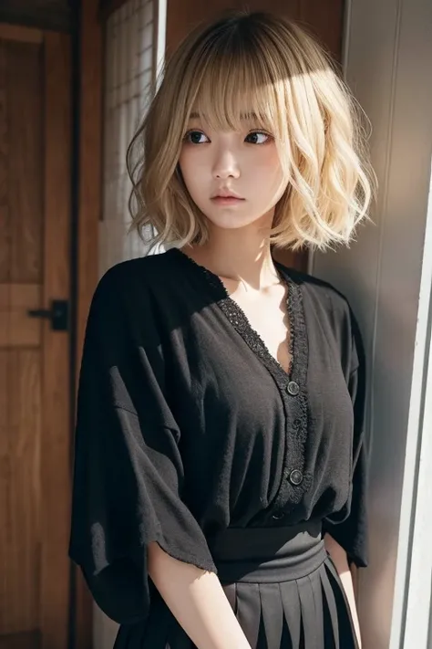 Japanese,beautiful girl,Natural Shape,Loosely permed bob hair,blonde,Natural light,Intricate details,Realistic,A sad expression,Wearing black clothing,skirt