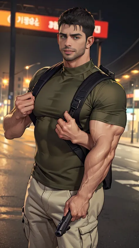 (Create a masterpiece: 1.2),(CGI art:1.3),(realistic:1.5),(After processing:1.3),(Sharp focus:1.3), man holding a gun , (gun:1.5) , straight, front ,Chris Redfield ,(black hair), smile open mouth, (Wear color olive green round neck T-shirt: 1.5), (with a P...