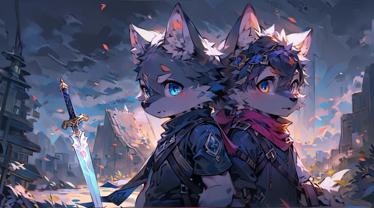 Wolf，juvenile，male，Gray-black fur，Sky blue eyes，Black combat uniform，scarf，Holding a long sword，scabbard，Draw the Sword，Everlasting，only,dawn，illumination，rest，Break