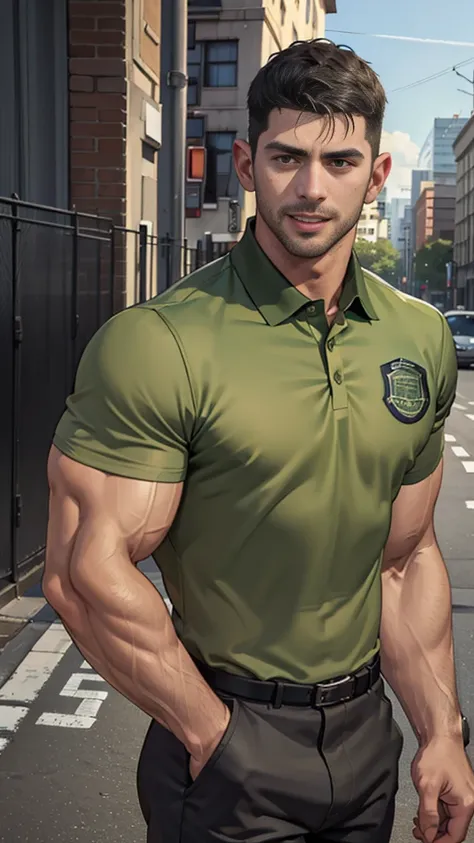 (Create a masterpiece: 1.2),(CGI art:1.3),(realistic:1.5),(After processing:1.3),(Sharp focus:1.3),1 man ,sunglass, straight, front ,Chris Redfield ,(black hair), smile open mouth, (Wear color olive green polo with a Police badge: 1.2), olive green cargo, ...