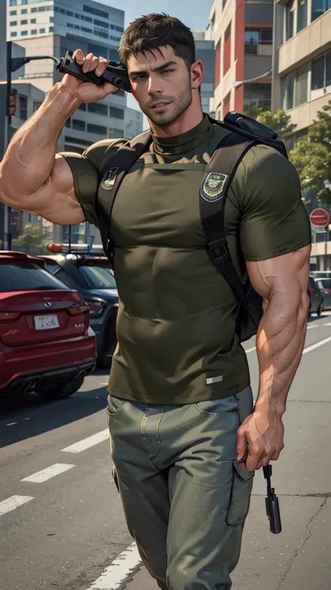 (Create a masterpiece: 1.2),(CGI art:1.3),(realistic:1.5),(After processing:1.3),(Sharp focus:1.3), man holding a gun , (gun:1.5) , straight, front ,Chris Redfield ,(black hair), smile open mouth, (Wear color olive green round neck T-shirt: 1.5), (with a P...