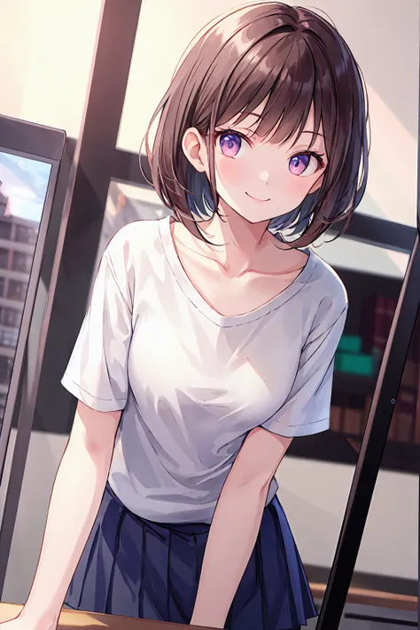 Frame In, Face and body from the front, View from the front, Upper Body, high quality, Very high resolution, high quality, Very high resolution, pretty girl, Dark brown hair, amount, Blunt bangs, Bobcut, blush, Raked up bangs, Wearing a plain T-shirt, upri...