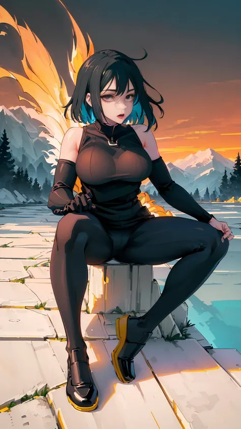 ((gorgeous girl, sitting in a squat position, the girl has curvy body, wide hips narrow waist big breast, background of a super detailed street with trees and aesthetic path to a mountain, wearing super tight transparent black leggings and a black tight ta...