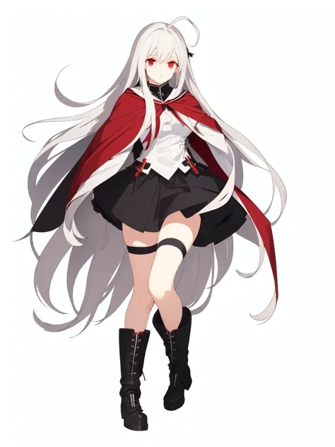 masterpiece, best quality, comic, adorable girl, very long hair, white hair, ahoge, eyeball, expressionless,  red eyes, large breasts, seifuku, cape, skirt, black thighhighs, boots, side backpack, hand_on_hip, 