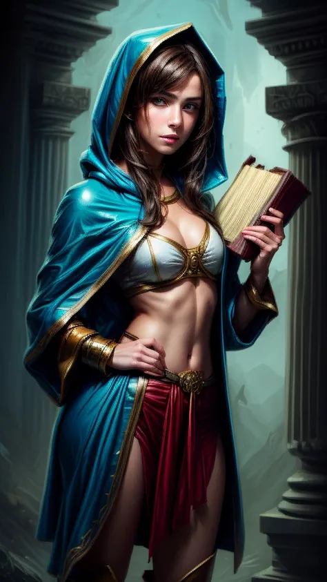 Speed painting of portrait of a fantasy female brunette human adventurer, with a blue hood, in a temple, D&D character, holding a large leather bound magical book with butterfly on the book cover