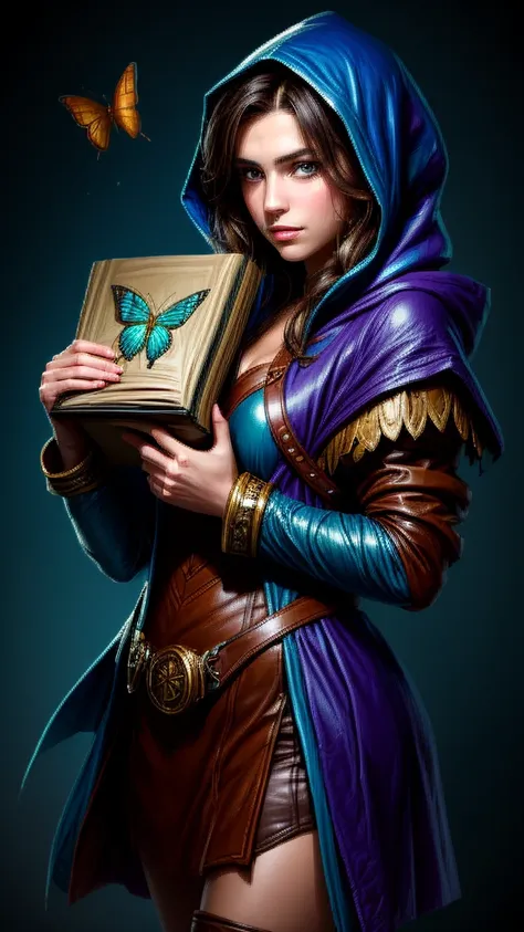 speed painting of portrait of a fantasy female brunette human adventurer, with a blue hood, in a temple, d&d character, holding ...