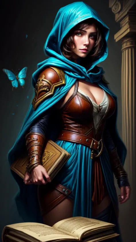 Speed painting of portrait of a fantasy female brunette human adventurer, with a blue hood, in a temple, D&D character, holding a large leather bound magical book with butterfly on the book cover