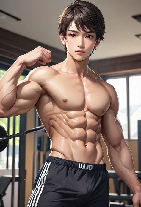 (best quality), Realistic, flexing, 14 year old Japanese idol body builder boy,  (abs:1.4), black short hair, shiny skin, (detailed brown eyes:1.1), (smile:0.8), (black tiny thong), bulge, puffy nipples, detailed areola,　