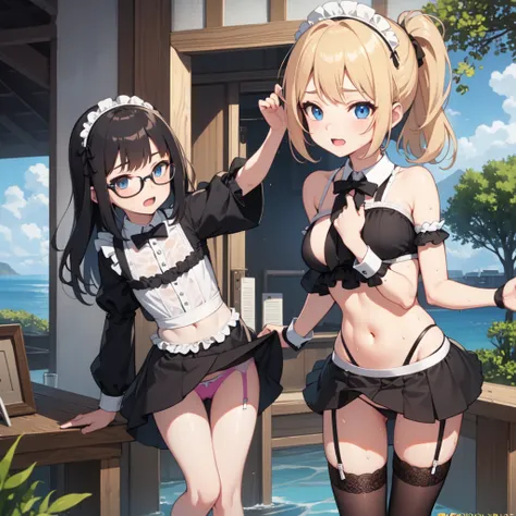 highest quality、Ultra-high resolution、Fantasy、roleplaying game、Sexy maids under 10 years old lined up、Inside the Western-style building、Lift up the hem of your skirt、Panty shot、Water-soaked underwear、garter belt、Only one person with glasses