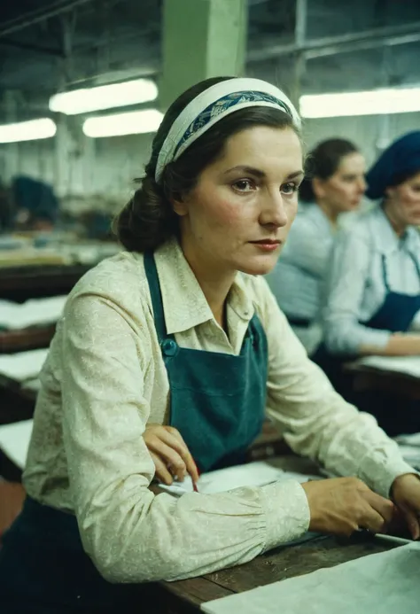 color photo. Head of a garment factory in the USSR. Portrait photo in the office at the table. high detail