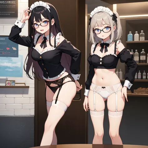 highest quality、Ultra-high resolution、Fantasy、roleplaying game、Sexy maids under 10 years old lined up、Inside the Western-style building、Lift up the hem of your skirt、Panty shot、Water-soaked underwear、garter belt、Only one person with glasses