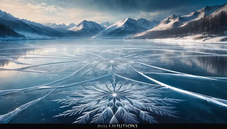 High-resolution wallpapers, Shining arcs and metallic strands of light on the frozen surface of a lake, Movie poster style and high definition top view photography, Game of Thrones style, Unpleasant, Horror, Scary look, Ultra-high resolution, 8K resolution...