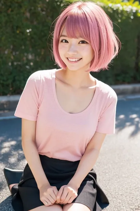 Japanese,beautiful girl,Natural Shape,Bob Hair,Pink Hair,Natural light,has freckles,Intricate details,Realistic,Toothy smile,Knee-length skirt,Black open-necked T-shirt,