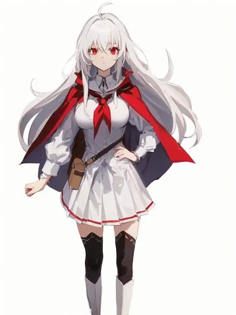 masterpiece, best quality, comic, adorable girl, very long hair, white hair, ahoge, eyeball, expressionless,  red eyes, large breasts, seifuku, cape, skirt, black thighhighs, boots, side backpack, hand_on_hip, 