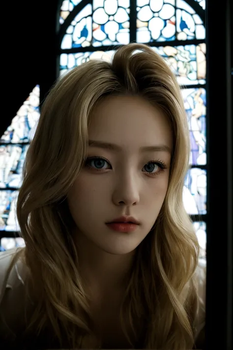 1 beautiful blonde woman, dramatic lighting, shadow, window, church, Daido Moriyama, ( masterpiece, realistic  ), (best quality)