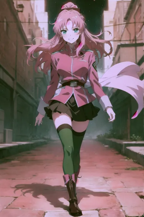 masterpiece, best quality, anime official art, 1girl, flay allster, bitch personality, pink hair, long hair, ponytail, pale cerulean eyes, military uniform, long sleeves, belt, black skirt, green thighhighs, pink boots, full body, evil smile