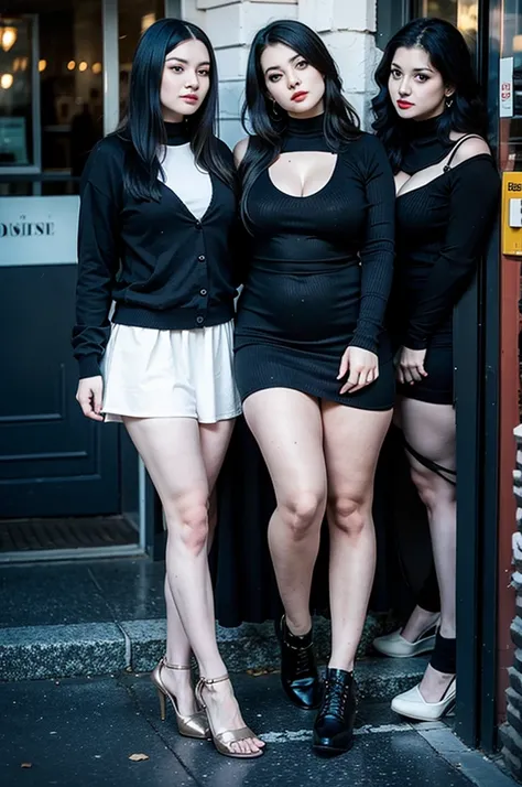 2heads, three headed goth girl, age 19, slightly chubby, black sweater, black skirt, pale skin,