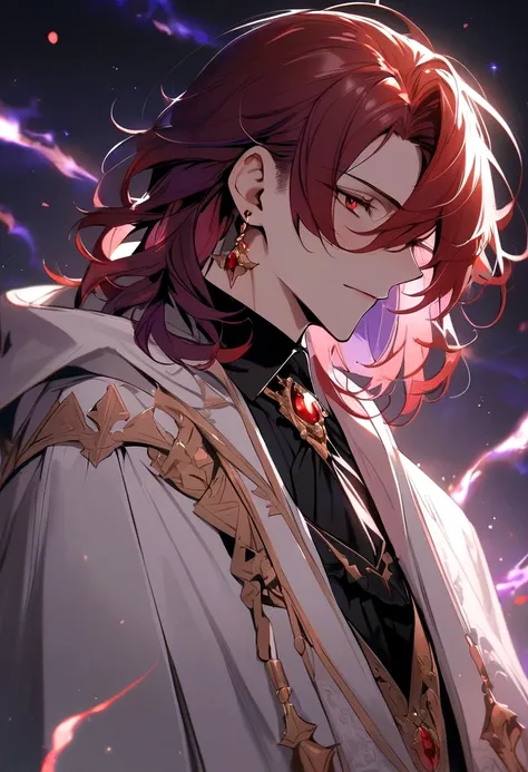 Masterpiece, highres, best quality, solo, 1 male, medium hair, red hair with purple hair, red eyes, black shirt, white hooded cloak, wizard, magic, gentleman