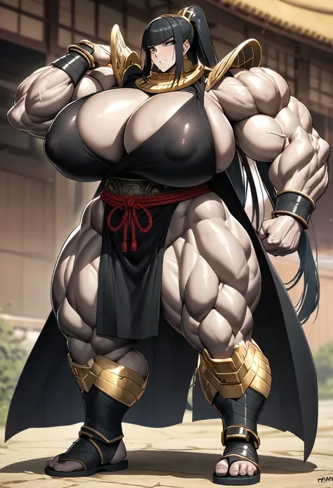 Cleopatra with extreme muscular body, gigantic muscular arms, gigantic muscular tights, samurai outfit, fair skin, black hair with ponytail and gigantic breasts.