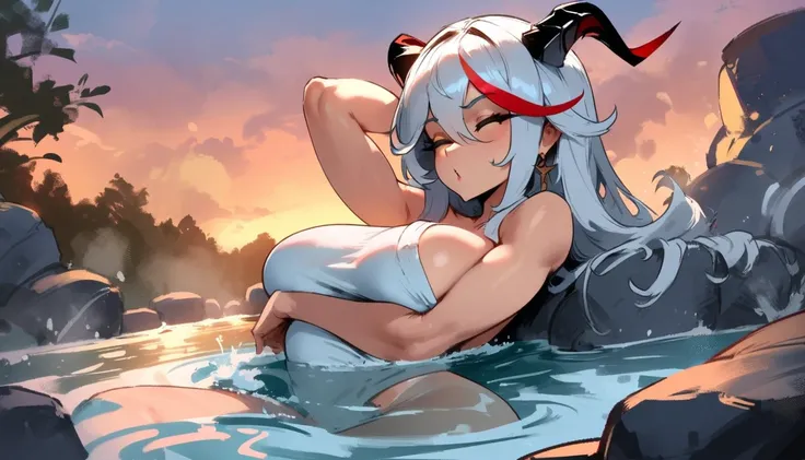 1girl, aegir (azur lane), azur lane  masterpiece, best quality, very aesthetic, absurdres, newest  perfect anatomy, slim body, ,perfect hands, , ,  by nyantcha,,by cutesexyrobutts,by khyle ///// , , , silvery white hair with a single prominent red streak ,...