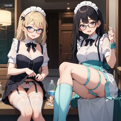 highest quality、Ultra-high resolution、Fantasy、roleplaying game、Sexy maids under 10 years old lined up、Inside the Western-style building、Lift up the hem of your skirt、Panty shot、Water-soaked underwear、garter belt、Only one person with glasses