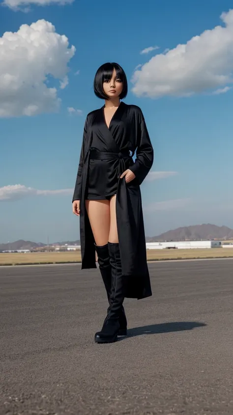 A Beautiful girl, black bob hair style,  wearing long black robe, black pants, black boots shoes, blue sky background, anime, full body