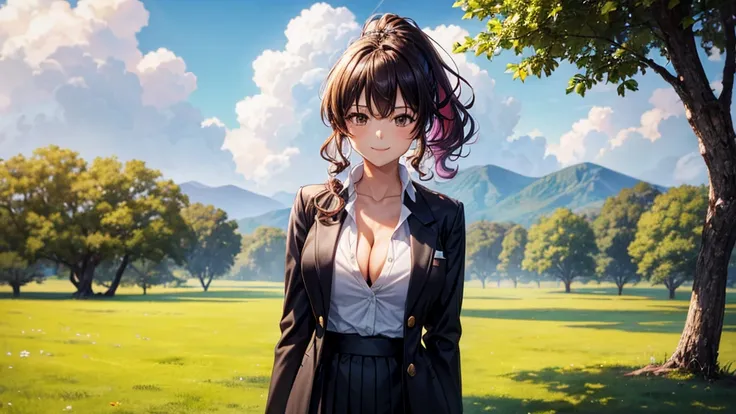 1girl, solo, summer, village, trees, sun, clouds, ((colorful hair)), curly hair, ponytail, large full breasts, ((black blazer)), button down shirt, ((white shirt)), ((short sleeved shirt)), ((unbuttoned shirt)), unbuttoning buttons, cleavage 1:3, brown eye...