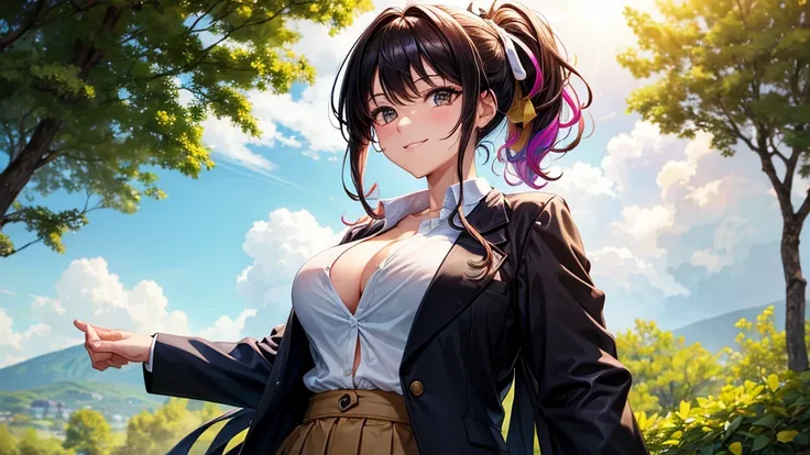 1girl, solo, summer, village, trees, sun, clouds, ((colorful hair)), curly hair, ponytail, large full breasts, ((black blazer)), button down shirt, ((white shirt)), ((short sleeved shirt)), ((unbuttoned shirt)), unbuttoning buttons, cleavage 1:3, brown eye...