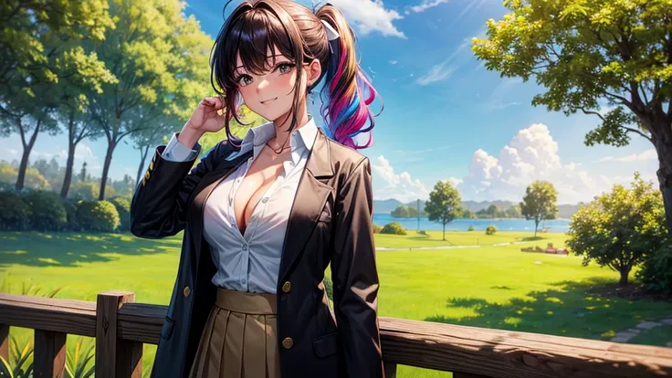 1girl, solo, summer, village, trees, sun, clouds, ((colorful hair)), curly hair, ponytail, large full breasts, ((black blazer)), button down shirt, ((white shirt)), ((short sleeved shirt)), ((unbuttoned shirt)), unbuttoning buttons, cleavage 1:3, brown eye...