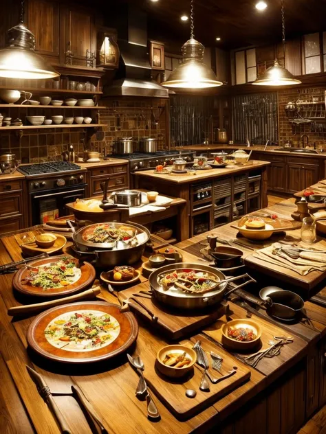 magical object living like harry potter theme in hogwarts,in the chaotic and hot kitchen, various kitchen utensils seemed to be ...