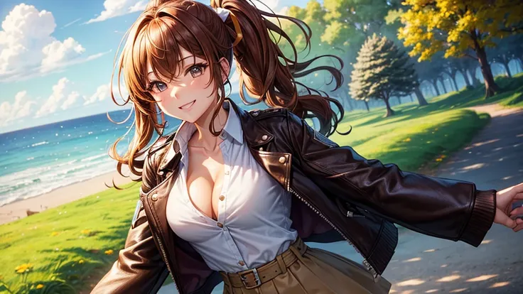 1girl, solo, summer, village, trees, sun, clouds, ((colorful hair)), curly hair, ponytail, large full breasts, ((brown leather jacket)), button down shirt, ((white shirt)), ((short sleeved shirt)), ((unbuttoned shirt)), unbuttoning buttons, cleavage 1:3, b...