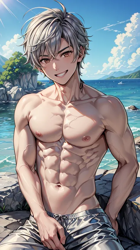 ((Masterpiece、high resolution、High definition、32K))、((Sitting on a rock))、(Focus on the upper body)、1 young man、Grin、Cropped silver hair、Golden Eyes、(((Topless)))、((Bikini pants))、Muscular build、((Provoking gestures))、Summer blue sky、smile、Staring at me、