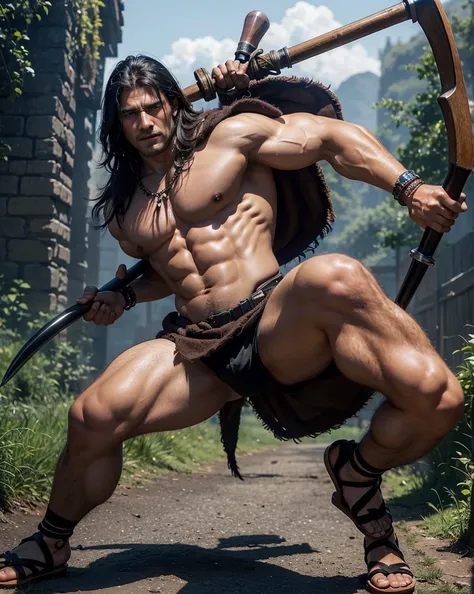 Man with short black hair and brown eyes, fair skin and clean-shaven, dressed in short orange medieval barbarian clothes, weilding giant axe, sandals; fullbody; short hair, masculine, muscular