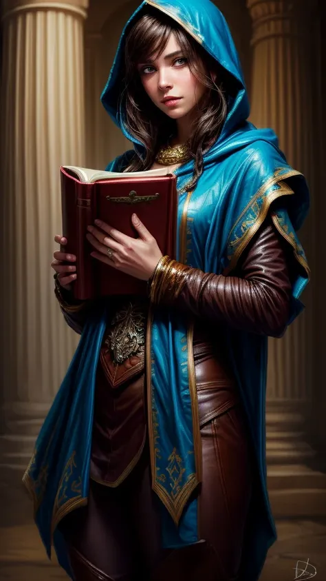 speed painting of portrait of a fantasy female brunette human adventurer, with a blue hood, in a temple, d&d character, holding ...