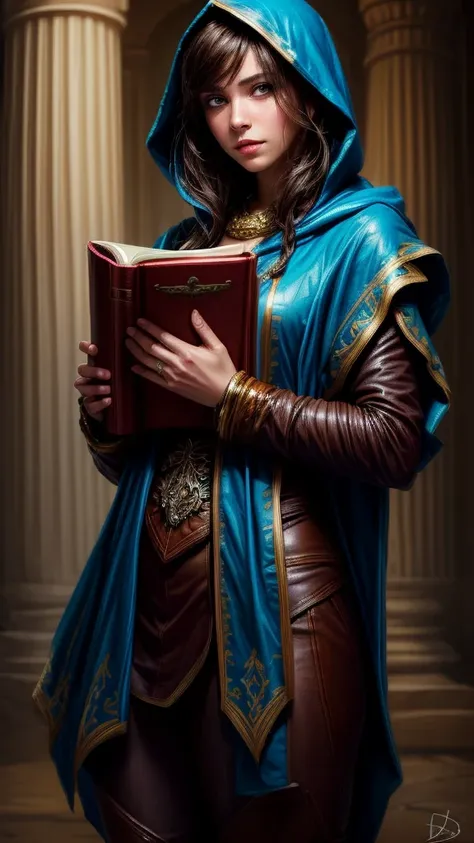 speed painting of portrait of a fantasy female brunette human adventurer, with a blue hood, in a temple, d&d character, holding ...