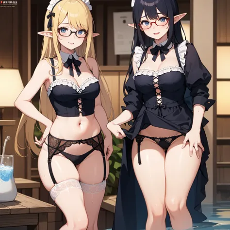 highest quality、Ultra-high resolution、Fantasy、roleplaying game、Sexy maids under 10 years old lined up、Inside the Western-style building、Lift up the hem of your skirt、Panty shot、Water-soaked underwear、garter belt、Only one person with glasses、Elf