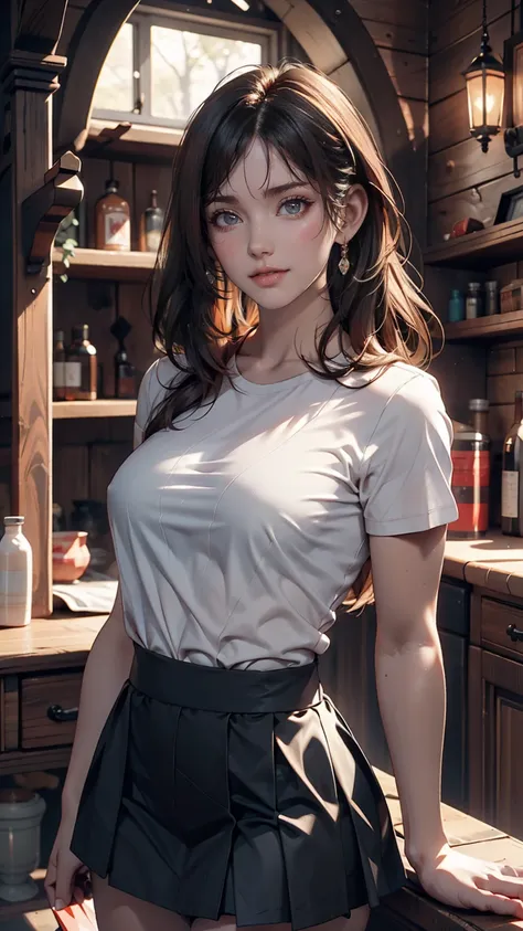 One girl, A shot of a Silvdark cowboy looking out at the viewer, Skin of color, Grin, teeth, Voice of the Heart, Fairy, Long eyebrows, (White shirt, Black Skirt), Athletic ability, Volumetric lighting, highest quality, masterpiece, complicated, Volumetric ...