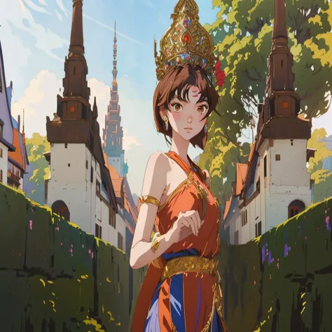 Anime girl in a brown dress and crown stands in front of the castle., artwork in the style of Guvez, Thai anime girl, Guvez, artgerm and atey ghailan, Guvez on artstation pixiv, Guvez on pixiv artstation, 2. 5d cgi anime fantasy artwork, Guvez masterpiece