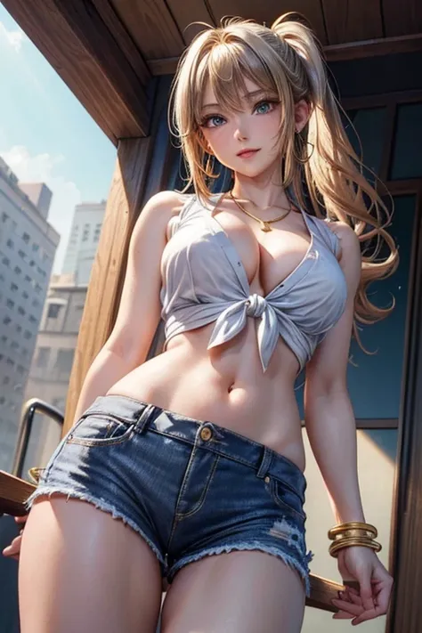 #Basics A girl is posing for a photo, animeのかわいい女の子, (((One Girl, Baby Face, 16 years old))), 
BREAK 

#Clothing Accessories 
(mini denim shorts, (White shirt tied under the chest + belly button + Cleavage), (Black and Red)Sneakers), 
((Golden hoop earring...