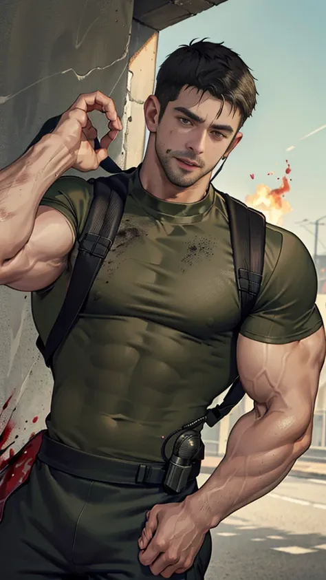  upper body shot, low camera angle, Chris Redfield kneeling, Shocked, open mouth wide, Arms beside the body, straight, front ,(black hair), smile open mouth, (Wear color olive green round neck T-shirt: 1.5), (with a Police badge: 1.2), olive green cargo, b...