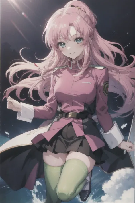 masterpiece, best quality, anime official art, 1girl, flay allster, bitch personality, pink hair, long hair, ponytail, pale cerulean eyes, military uniform, long sleeves, belt, black skirt, green thighhighs, pink boots, full body, evil smile