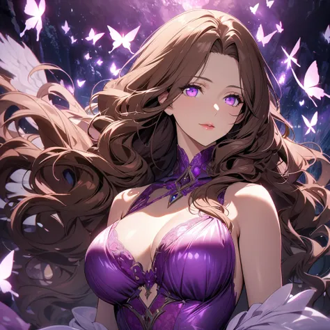 girl, brown hair, wavy hair, long hair, glowing purple eyes, magical silk fabric,  mature woman,  gorgeous, beautiful background, super detail,  beautiful color, glowing butterfly, angel, main face, front face