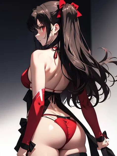 Tohsaka Rin、Back View, bikini、UHD, retina, masterpiece, ccurate, anatomically correct, textured skin, super detail, high details, high quality, best quality, highres, 4K