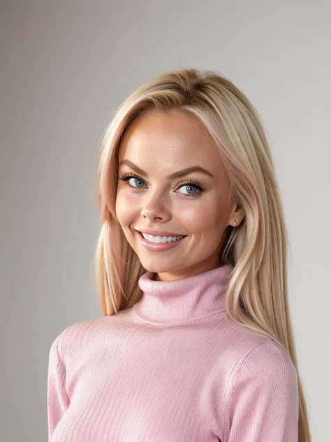 (jessejane_v1:1.0), gorgeous blonde woman (jessejane_v1:1.0), long hair. she wears: (a baby pink long sleeve turtleneck tight hi...