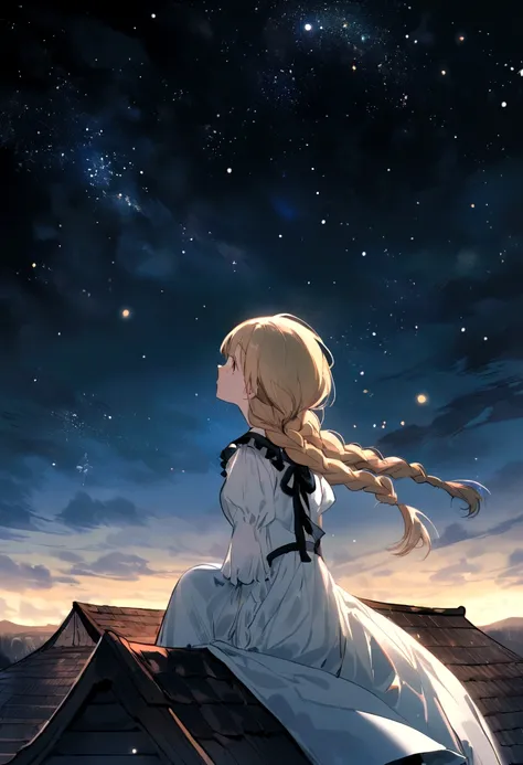 A blonde girl with two braids with black ribbons braided in them and a white dress sits on the roof, A tall brunette in black sits next to her, Admiring the stars, starry sky, Pay attention to the texture of the skin and flowers，Sony FE 12-24mm F/2.8 gm，Im...