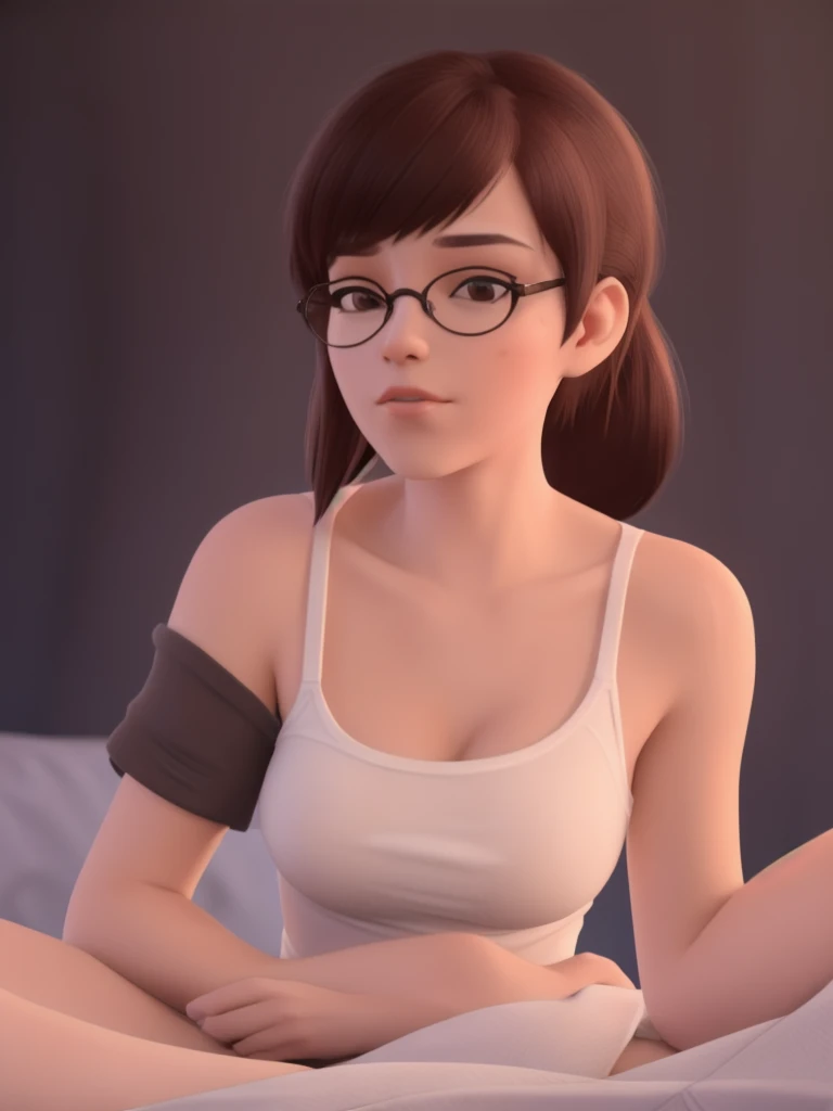 a beautiful woman with short brown hair in a ponytail, very big round glasses, wearing a plain white t-shirt, in her bedroom on her bed, 1 girl solo, cinematic lighting, high resolution, physically-based rendering, extremely detailed, 8k, volumetric lighti...